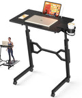 Small Standing Desk On Wheels For Treadmill Workouts holding laptop and tablet, portable rolling desk with cup holder, adjustable height.