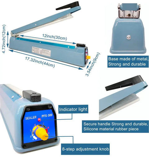 Super No Sweat Heavy Duty Heat Seal Machine For Mylar Cookie And Poly Bags 12 Inch Wide Manual Sealer, metal base, adjustable knob.