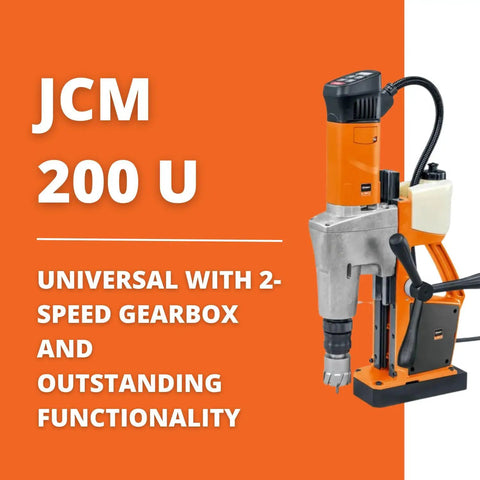 Built Tough Portable Magnetic Drill Unit With A Rock Solid Grip And Smooth Variable Speed Control For Effortlessly Crushing Two Inch Annular Steel Cuts On Any Active Job Site, featuring a bright orange housing and 2-speed gearbox.