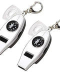 Pair of 4 In 1 Outdoor Survival Tool with Whistle, Compass, Magnifier and Thermometer Plus Key Ring, ultra lightweight backpack accessory.