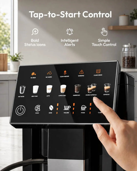 Fully Automatic Espresso Machine With Built In Grinder And Integrated Milk Frother control panel featuring easy touch options.