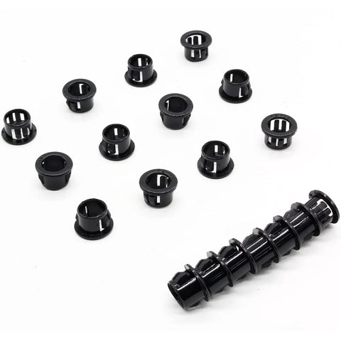 60 Pack 1/2 Inch Snap In Cable Bushing Grommets in Black Nylon Locking Housings, scattered on white surface, ideal for wires and hoses.