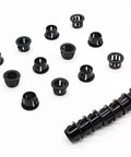 Three Eighths Inch Snap In Cable Bushing Grommet Kit In Black Nylon, Sixty Count For Wire Management, DIY Projects, And Easy Mounting With Durable Wear Resistant Nylon For Auto, Marine, And Home Wiring, black grommets shown