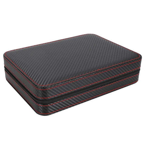 Premium Eight Grid Watch Display Tray With Genuine Leather Exterior And Heavy Duty Divider Plate For Smart Countertop Flex and Scratch Proof Setup To Keep Your Collection Locked In Style, closed black case with red stitching.