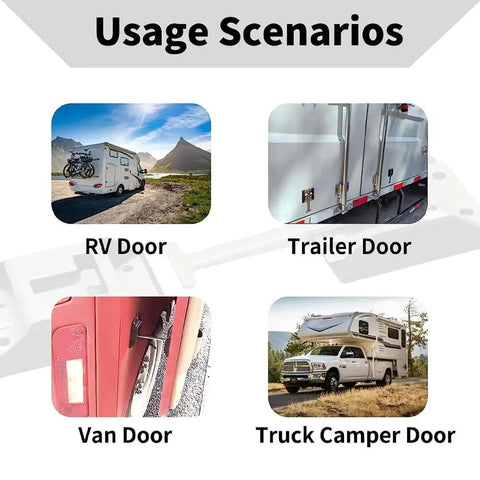 Usage scenarios for Heavy Duty 304 Stainless Steel RV Door Holder Latch on RV, trailer, van, and truck camper doors.