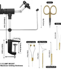 Top Shelf Rotary Fly Tying Vise With True Dual Bearing Spin And Heavy Duty Carbon Steel Jaws, scissors, bobbin threader, and tools.