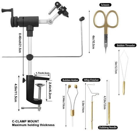 Top Shelf Rotary Fly Tying Vise With True Dual Bearing Spin And Heavy Duty Carbon Steel Jaws, scissors, bobbin threader, and tools.