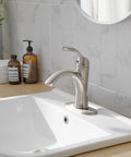 Brushed Nickel Bathroom Faucet With Single Handle For One Hole Vanity Sink Satin Finish, Pop Up Drain, Overflow, installed.