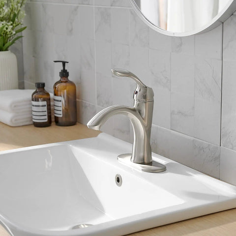 Brushed Nickel Bathroom Faucet With Single Handle For One Hole Vanity Sink Satin Finish, Pop Up Drain, Overflow, installed.