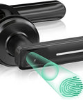 Fingerprint Door Lock With Handle Smart Biometric Keyless Entry No Key Needed One Tap Unlock In Zero Point Two Seconds Plus Backup Keys For Home Office Apartment Airbnb And Hotel Use, black lock with digital fingerprint icon, close-up view.