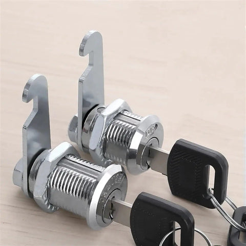 Universal Safe Cam Cylinder Lock 16 20 25 30mm with keys, silver , showing two locks with keys inserted, for mailbox and drawer