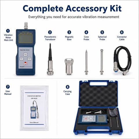 Digital Vibration Meter VM-6320 for Vibration Analysis and Mechanical Vibration Meters kit with probes, cable, case