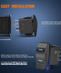 Waterproof DPDT 7 Pin Rocker Switch On Off On Toggle For 12V 24V Systems, side and angle view with easy installation text