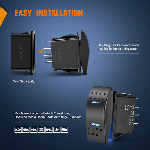 Waterproof DPDT 7 Pin Rocker Switch On Off On Toggle For 12V 24V Systems, side and angle view with easy installation text