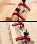 Heavy Duty T Slot Hold Down Clamp Set For Precision Woodworking Benches with quick twist lock knobs, securing wood on a workbench.