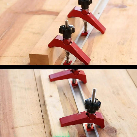 Heavy Duty T Slot Hold Down Clamp Set For Precision Woodworking Benches with quick twist lock knobs, securing wood on a workbench.