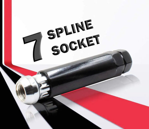 7 spline socket for Chrome M14x1.5 Lug Nuts 25mm Long Open End Bulge Acorn Style, side view on styled background