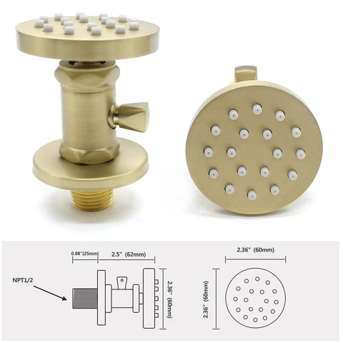 Solid Brass Shower Body Jets With Adjustable Flow For High Pressure Massage Round Spa Spray Jets For Concealed Wall Mounting Brushed Gold Finish Independent On Off Control 4 Pack Great For A Home Spa Upgrade, showing brushed gold jet with silicone outlets and dimensions