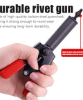 Hand holding Pro Grade Rivet Gun Quick Set Hand Tool With 40 Piece Assorted Blind Rivets In Four Sizes For Automotive Fastening