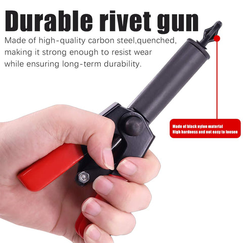 Hand holding Pro Grade Rivet Gun Quick Set Hand Tool With 40 Piece Assorted Blind Rivets In Four Sizes For Automotive Fastening