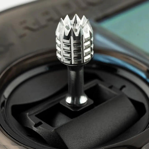 Close-up of stick end on Pocket Hall Gimbal Transmitter Remote Control Ultra Portable Gear With Built In LED Light Foldable Antenna Mode 2 ELRS Charcoal Edition ExpressLRS Ready EdgeTX Firmware