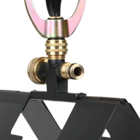 Real Deal Rooftop Sprinkler Offering 360 Degree Rotating Spray Pattern For Lawn And Garden Irrigation No Sweat Setup showcases metal base and connection.