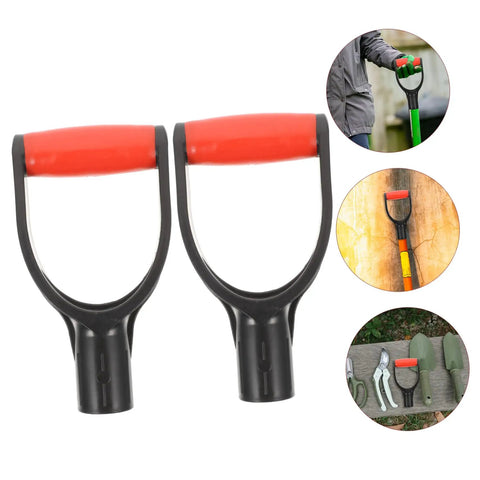 2 Pack D Shaped Shovel Handle Replacement Grip For Gardening Durable Plastic No Slip Palm Friendly Comfort Fit For Digging And Raking Tools Easy Install Inner Diameter, shown in red and black with close-up and usage inset images