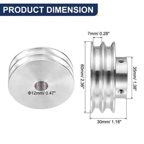 Heavy Duty Aluminum V Type Pulley With Double Groove Cut Designed For Six mm Pu Belts Boasts A Clean Twelve Millimeter Bore And Sixty Millimeter Wide Profile Plus Comes Ready To Hit The Ground Running With Included Mounting Bolts dimensions showing measurements.