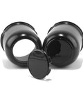 Two Pack Trailer Push Through Center Caps And Lug Nut Set For Trucks And RVs, 3.19 Inch Wheel Center Caps High Gloss Black Carbon Steel Hub Cap Includes Twelve Black 1/2-20 Lug Nuts showcasing two caps and one laying down lid, high gloss black finish.