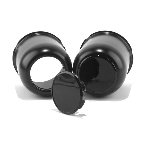 Two Pack Trailer Push Through Center Caps And Lug Nut Set For Trucks And RVs, 3.19 Inch Wheel Center Caps High Gloss Black Carbon Steel Hub Cap Includes Twelve Black 1/2-20 Lug Nuts showcasing two caps and one laying down lid, high gloss black finish.