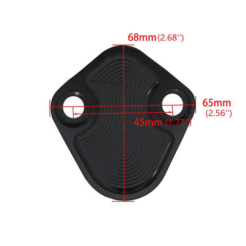 Top view of Small Block Ford CNC Machined 6061 T6 Billet Aluminum Fuel Pump Block Off Plate Kit Direct Fit In Black Anodized Finish.