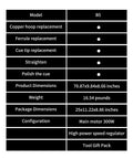Table showing specifications and features of the B5 model pool cue repair kit including dimensions and tool functions.