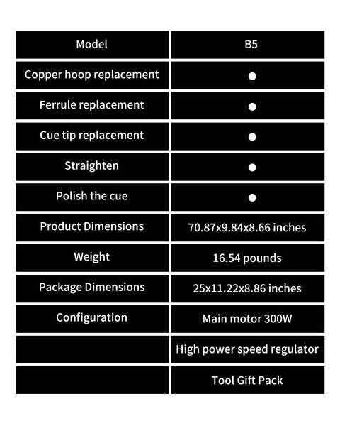 Table showing specifications and features of the B5 model pool cue repair kit including dimensions and tool functions.