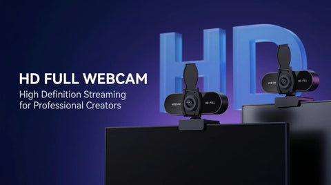 Crisp 1080P HD Webcam With Clear Mic And Noise Cancellation Ships With Wide Angle Lens Auto Light Correction Plus Privacy Cover, mounted on monitors.