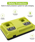Dual Chemistry 18V Ryobi Battery Charger With Dual Ports Charges Two Batteries At Once For P117 P118 P119 P190 P102 P103 P107 P108 PBP Series For Ryobi One Plus Batteries LiIon NiCad NiMh showing safety protection features and dual charging ports