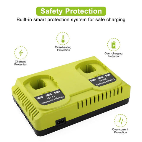Dual Chemistry 18V Ryobi Battery Charger With Dual Ports Charges Two Batteries At Once For P117 P118 P119 P190 P102 P103 P107 P108 PBP Series For Ryobi One Plus Batteries LiIon NiCad NiMh showing safety protection features and dual charging ports