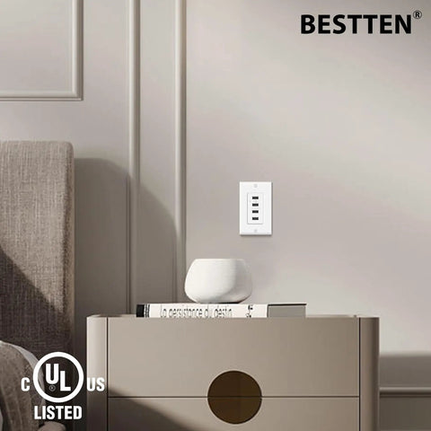 Room setting with 4 Port USB Wall Charging Outlet For Fast Power Up Your Gear, 4.2A Total 21W High Speed Type A Ports, UL Listed, White.