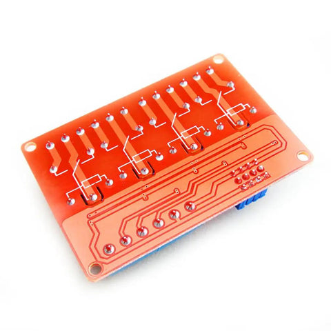 12V Four Channel Relay Module With Opto Isolation And High And Low Level Trigger For Arduino And Home Automation, 250V AC Load, SMD Optocoupler For Projects, orange PCB underside