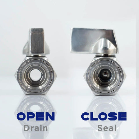 M12 1.25 Thread Stainless Steel Oil Drain Valve Quick Release showing open and closed positions for easy oil change.