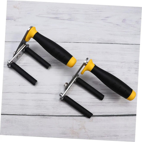 One Pair Heavy Duty Gypsum Board Lifter Designed For No Sweat Handling Of Glass And Ceramic Tile Panels With Adjustable Angles And Slick Grip For Effortless Job Site Moves, featuring black rubber grip handles.