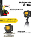 16 Lines Laser Level 4x360 Self Leveling Pro Grade with Green Cross Lines showing magnetic bracket, tripod, and lifting base.