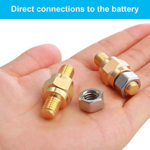 Two solid brass extender screws and a nut for 8 Piece Side Post Battery Terminal Adapters 3/8 16 Threaded 1.5 Inch installation.