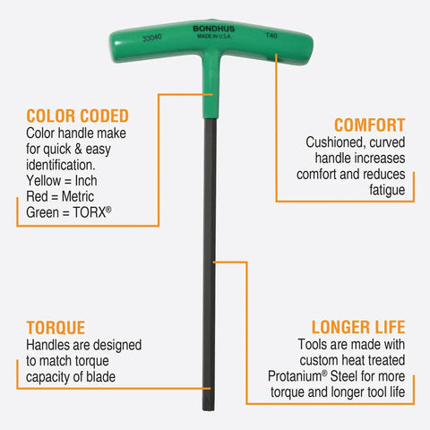 Eight Piece Star T Handle Set With Graduated Lengths T9 Through T40, Heavy Duty Solid Steel Construction, detail of T-handle and features