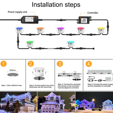 Installation steps for Recessed LED Deck Lights Kit With Cool RGB Color Changing And Dynamic Chasing Effects 30 Pack Outdoor WiFi Smart Step Lights Low Voltage IP67 Waterproof Patio Lighting Compatible With Alexa And Google Home