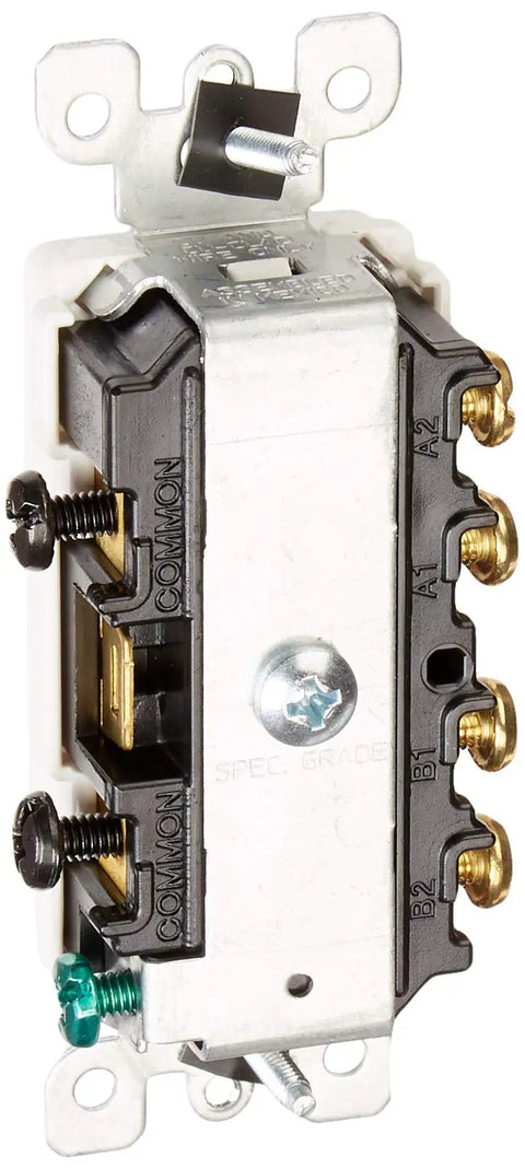Side view of Decora Style 3-Way AC Combination Switch, 15 Amp, 120/277 Volt, Commercial Grade, Model 5643-W, white body