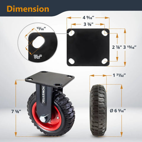 Dimensions of 6 Inch Fixed Plate Caster Wheels With Beefy Knobby Rubber Tread for indoor outdoor heavy duty mobility