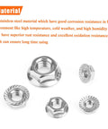 Top Drawer 304 Stainless Steel Flange Nuts Assortment Kit 38 Piece Set Loaded With Serrated Hex Lock Nuts In Four Sizes showing various nut sizes.
