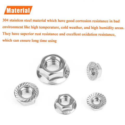Top Drawer 304 Stainless Steel Flange Nuts Assortment Kit 38 Piece Set Loaded With Serrated Hex Lock Nuts In Four Sizes showing various nut sizes.
