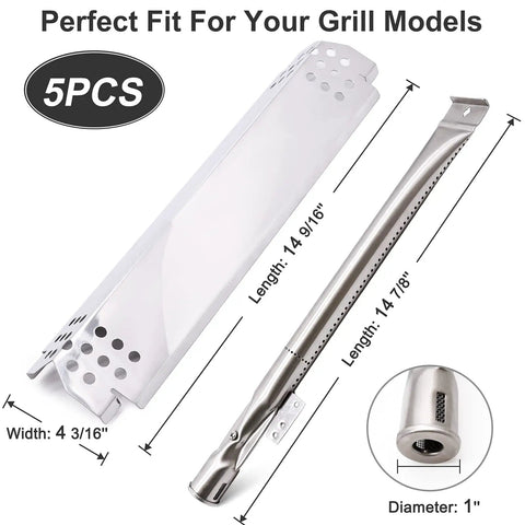 Grill Replacement Parts Kit For Nexgrill 4, 5 And 6 Burner Grills With Heat Shield Plates And Burner Tubes, 5PCS dimensions shown.
