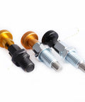 Heavy Duty Stainless Steel Indexing Pins And Self Locking Plungers With Coarse Thread Nuts In M6 M8 M10 M12 Sizes Plus Black Knobs, three variants shown.